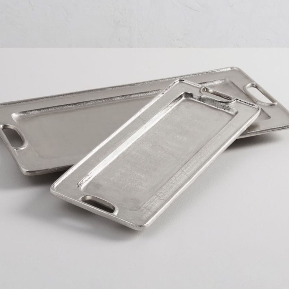 New Pottery Barn Addison Silver Rectangle Tray, Footed Riser, Candleholder Stand